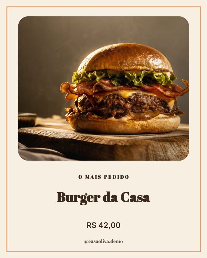 Arte de restaurante com hambúrguer em destaque, nome do prato e preço