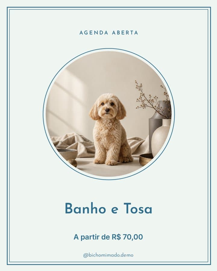 Arte de pet shop com banho e tosa, foto do cachorro e preço