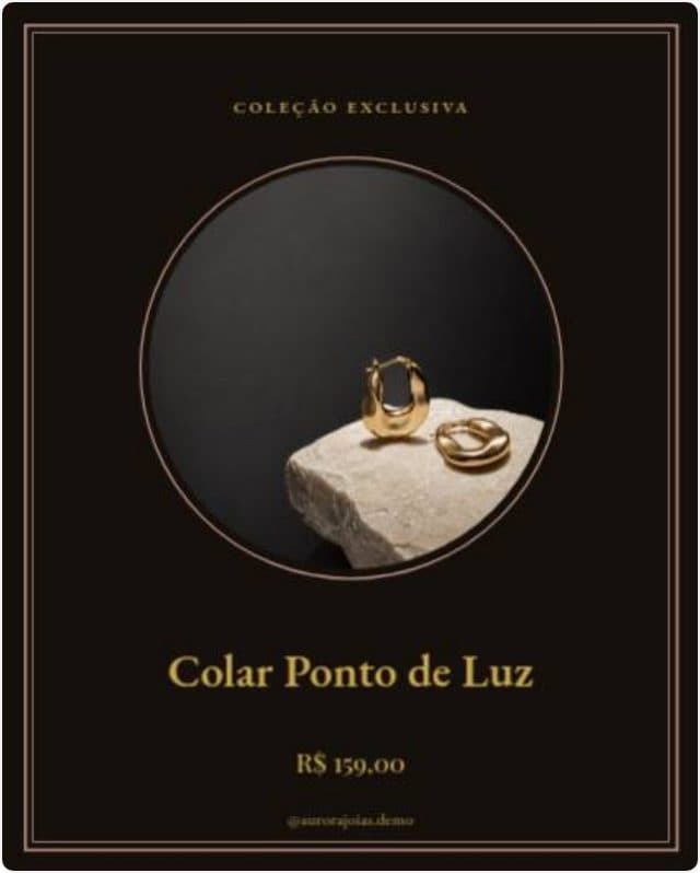 Arte de joalheria com colar em destaque, nome da peça e preço
